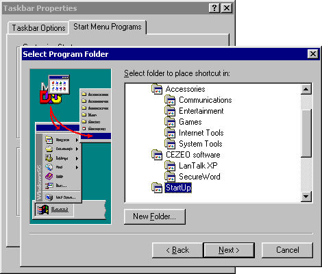 select startup folder